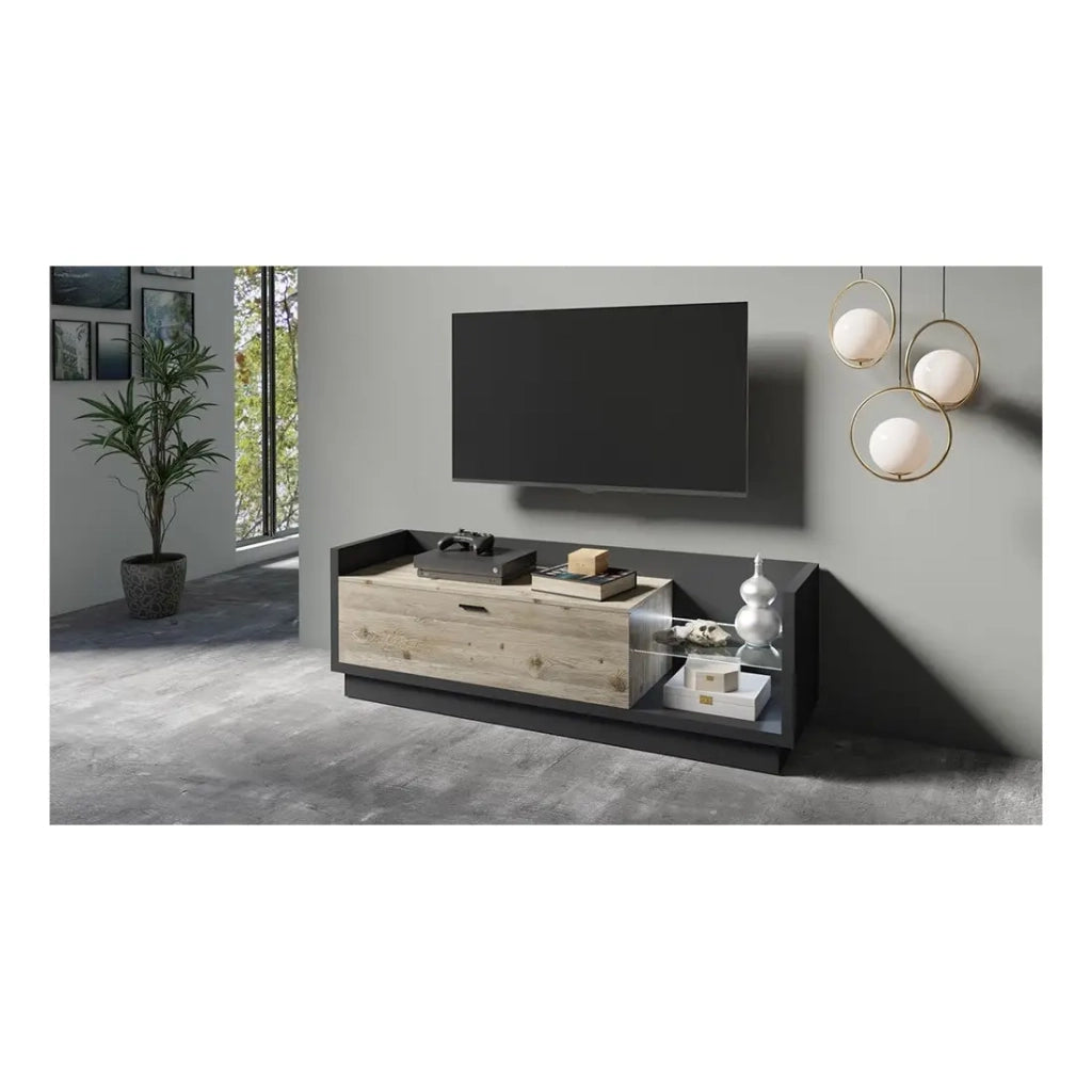Mobile TV XL 220cm. Collezione CORK. Colori grigio antracite e pino.
