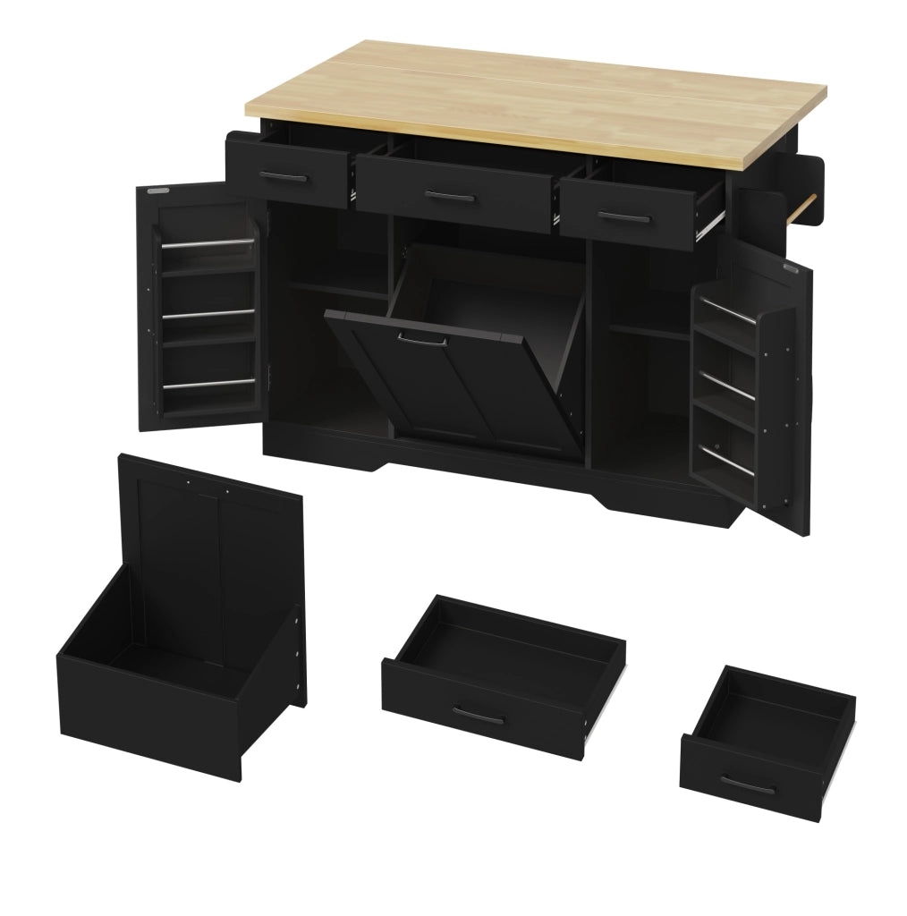 Isola cucina con piano ribaltabile 120x70x87 cm in MDF nero; carrello con ruote e porta spezie