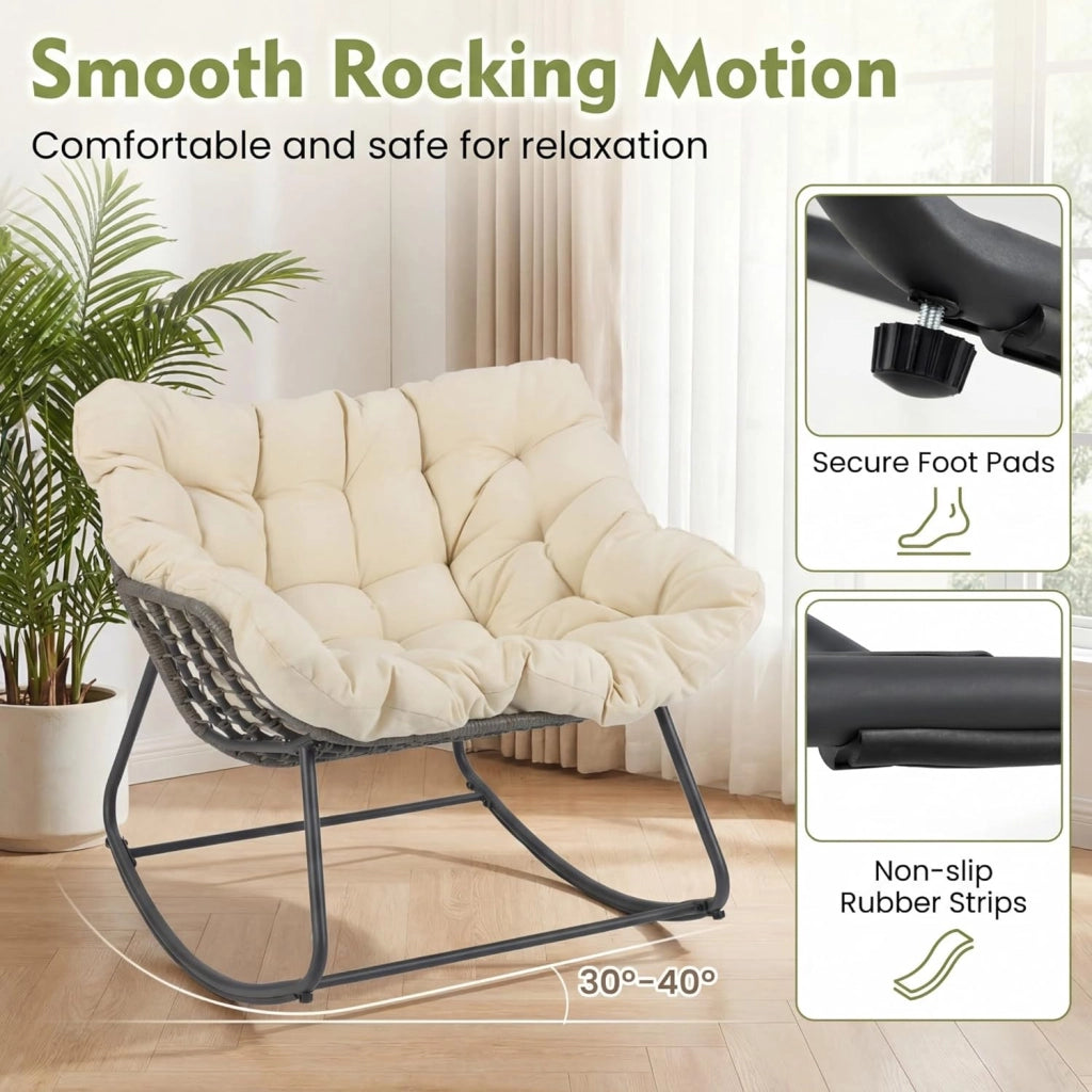 Sedia a Dondolo con Cuscino, Sedia da Relax Ampia e Avvolgente, con Struttura in Metallo, Seduta in Rattan, Cuscino Morbido Imbottito, per Soggiorno, Studio, Balcone, Nero (Beige)