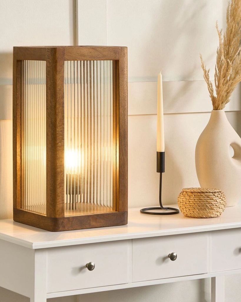 Lampada da tavolo in legno di mango con pannelli di vetro Design industriale Illuminazione moderna per la casa