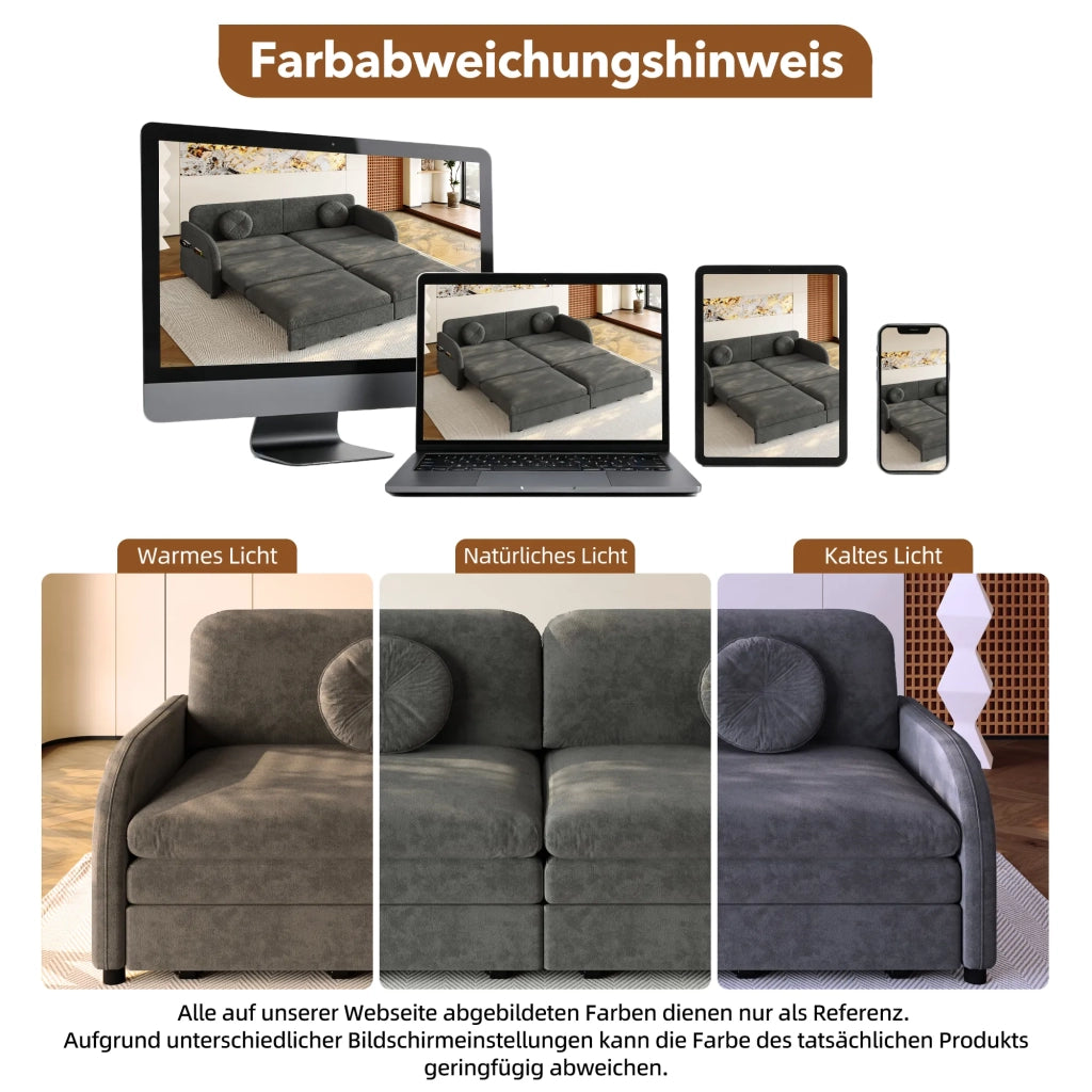 Divano letto 3 posti estraibile King-Size 206 cm, chenille grigio, funzione sonno 3-in-1, cuscini sfoderabili e tasche portaoggetti laterali