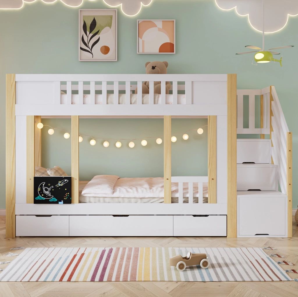Letto a castello per bambini 90x200 cm con scala contenitore e 3 cassetti