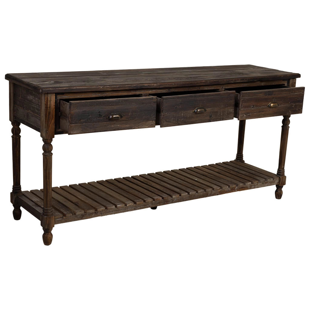 Mobile da ingresso in legno invecchiato con 3 cassetti e 1 ripiano 184,5x50x86,8