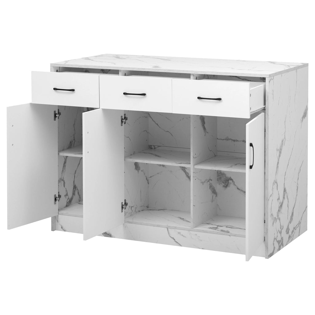 Isola da Cucina Fissa 120x60x90,5 cm Bianca Effetto Marmo con 3 Cassetti, 3 Ante e Zona Bar