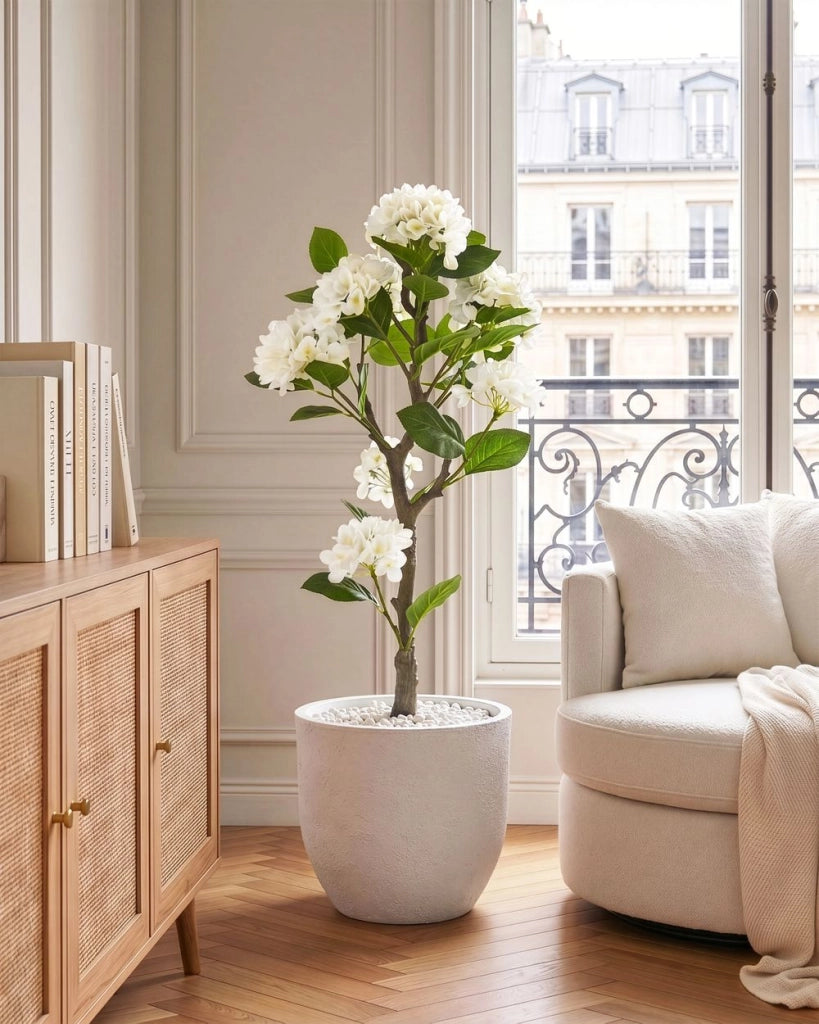 Pianta in vaso artificiale in materiale sintetico bianco, 120 cm, con fiori, accessorio decorativo per interni, realizzata a mano