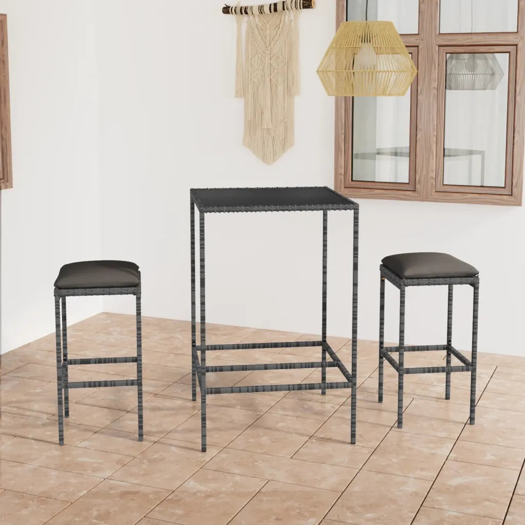 Set da Bar da Giardino 3 pz | Set Salotto da Giardino con Cuscini in Polyrattan Grigio