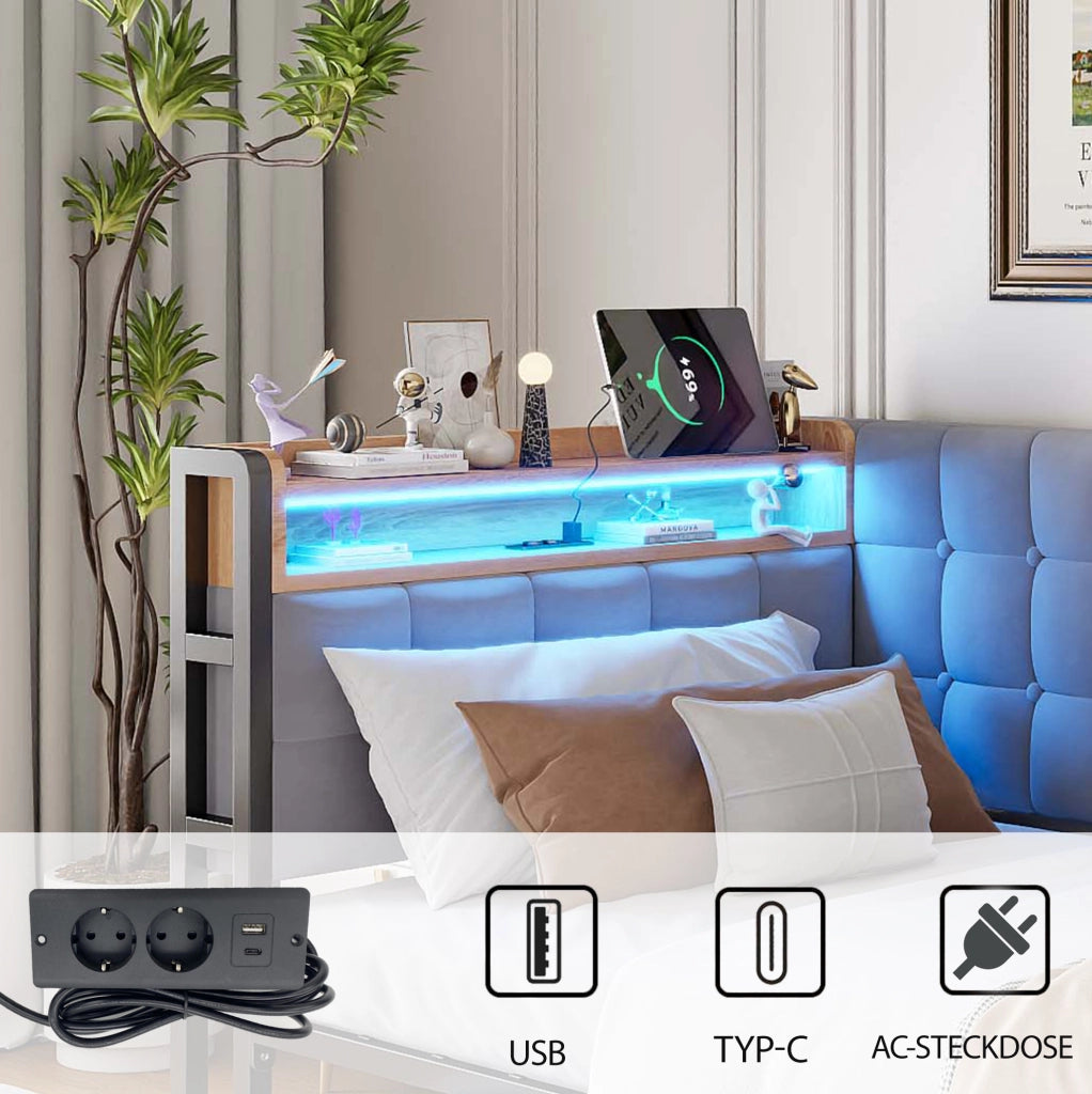 Divano letto imbottito 90x200 cm con LED, USB-C e 2 cassetti