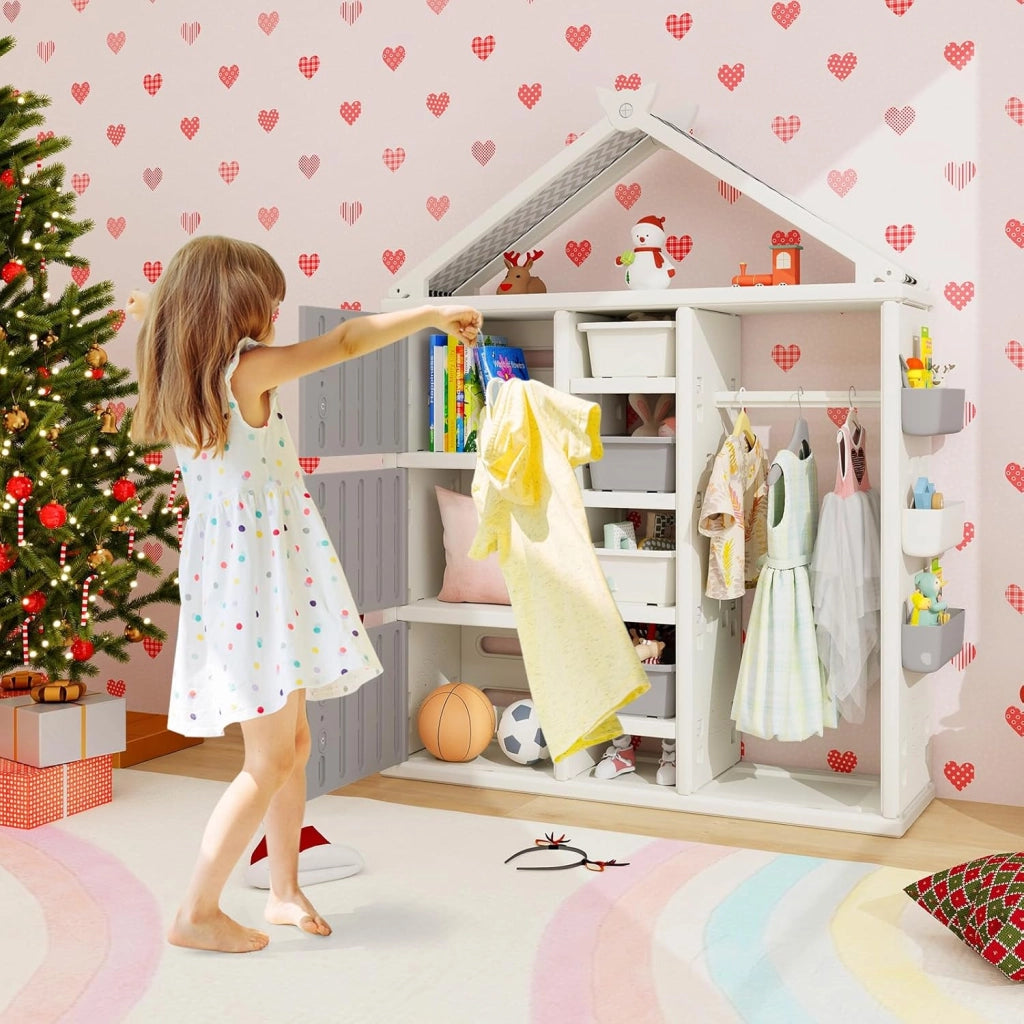 Armadio per Bambini, Organizzatore a Forma di Casa con 1 Lavagna, 3 Armadietti, 4 Cestini, 3 Cubi Chiusi e 3 Cestini Laterali, Armadietto Salvaspazio per Camera da Letto e Soggiorno (Grigio)