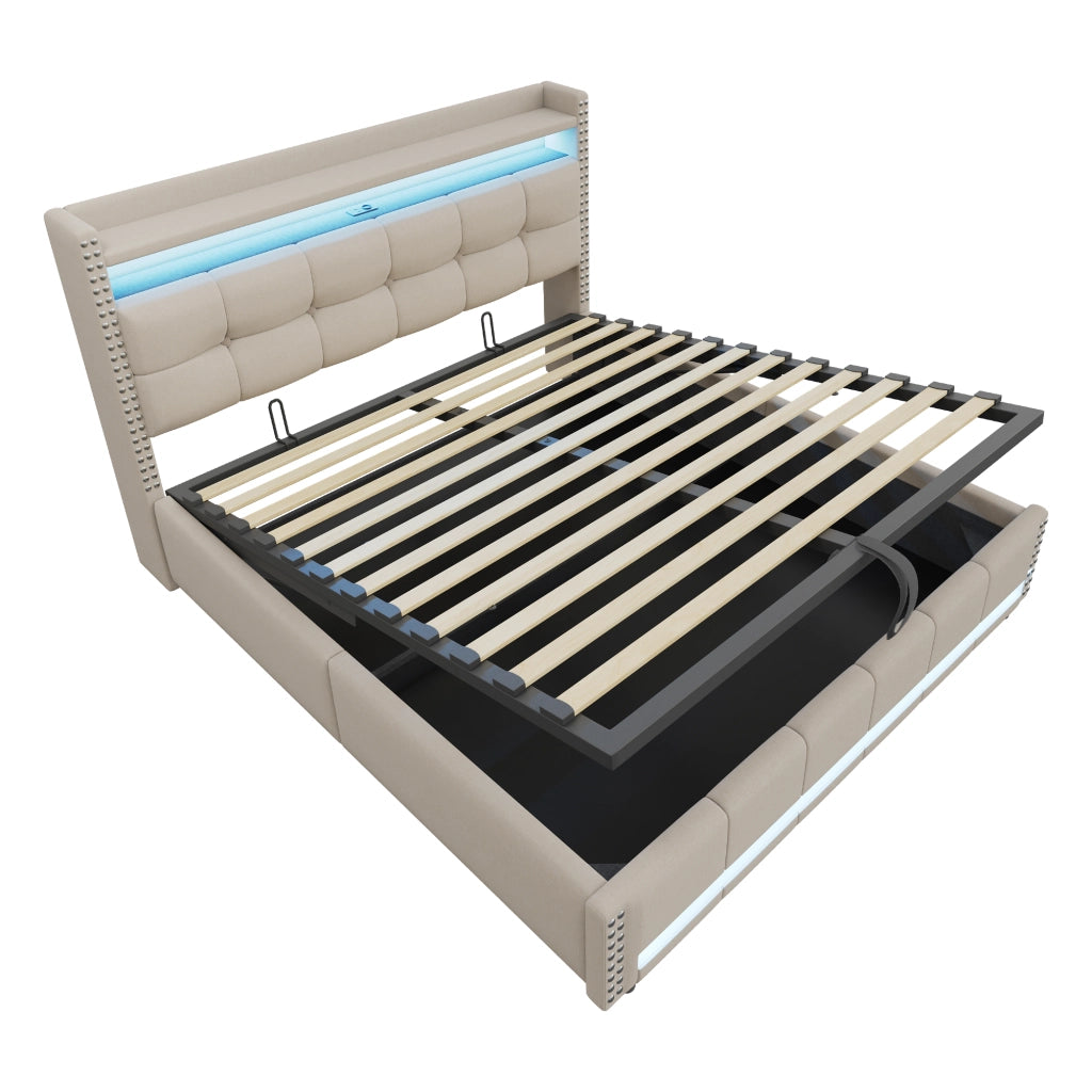 Letto Contenitore Matrimoniale 180x200 cm; con USB; LED e mensole - in Lino - Beige