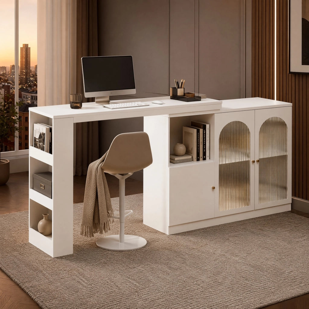 Mobile Bar Girevole a 360° con Anta in Vetro; Ripiani e Vano Chiuso per Cucina in MDF Bianco