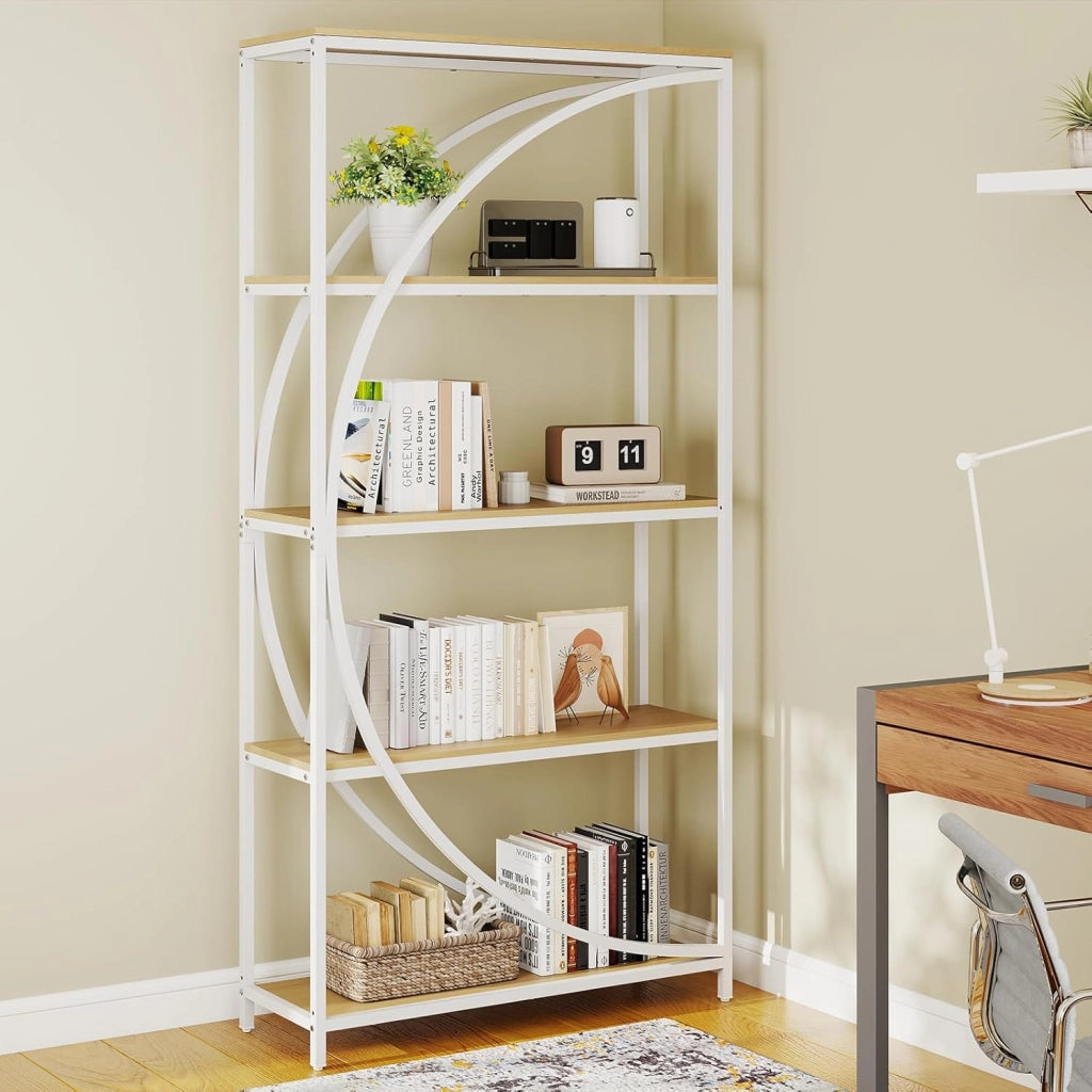 Libreria a 5 piani autoportante con 5 ripiani aperti, scaffale da esposizione industriale con design a mezzaluna per casa e ufficio, 86 x 30 x 175 cm (naturale)