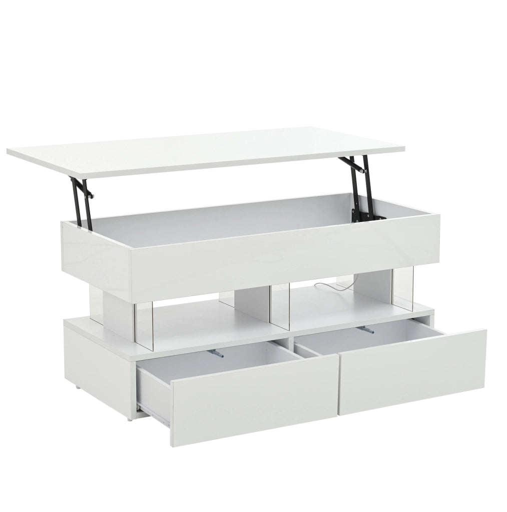 Tavolino da caffè 100 x 50 x 46 cm con piano sollevabile; 2 cassetti; LED; MDF bianco
