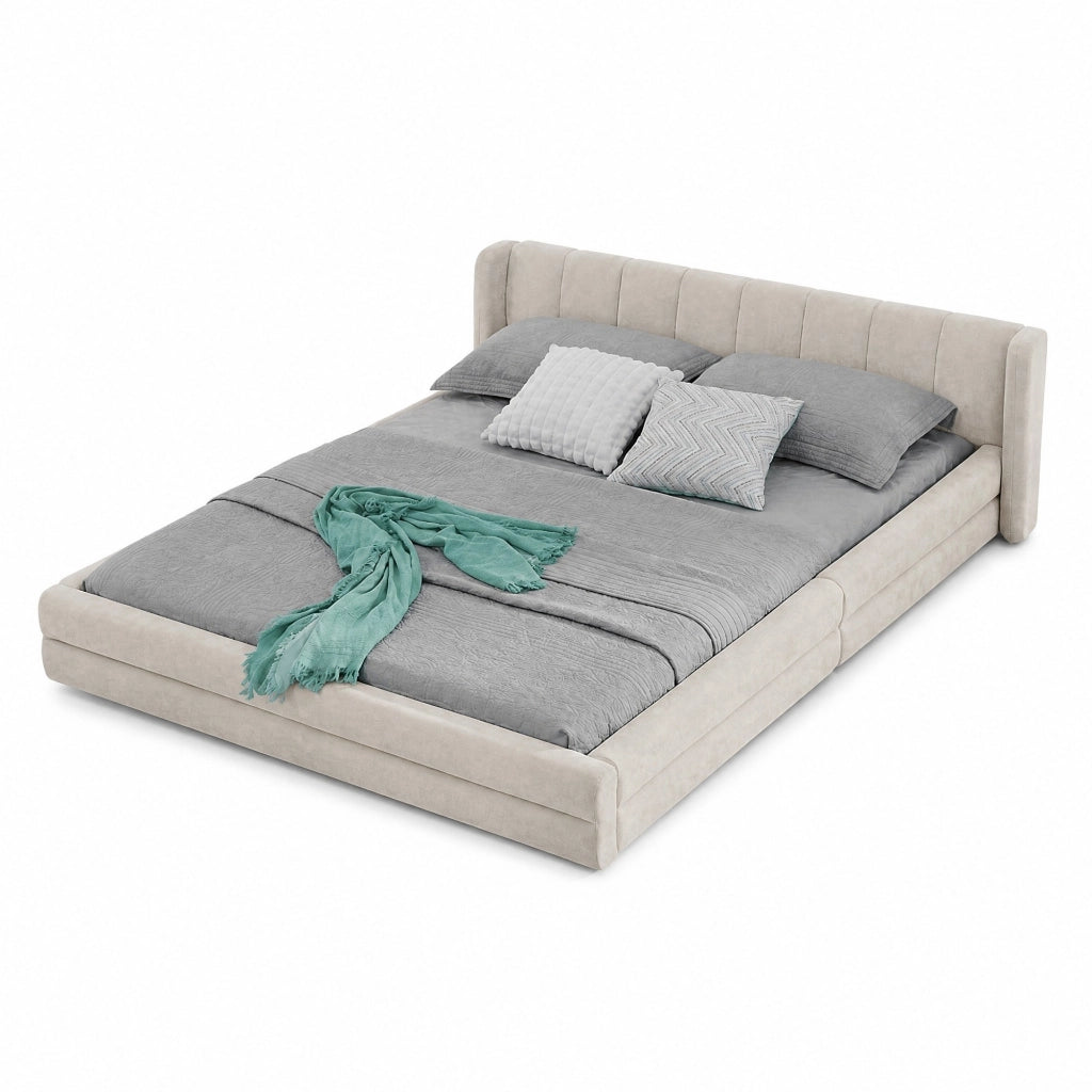 Letto matrimoniale 140x200 cm rivestito in chenille beige con testiera ergonomica e struttura rinforzata