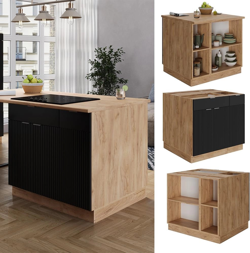Isola cucina Fame-Line, Nero a righe, 90 cm con cassetto, senza piano di lavoro