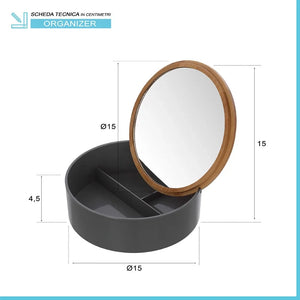 Porta trucchi da bagno tondo in plastica grigia e bambù completo di specchio