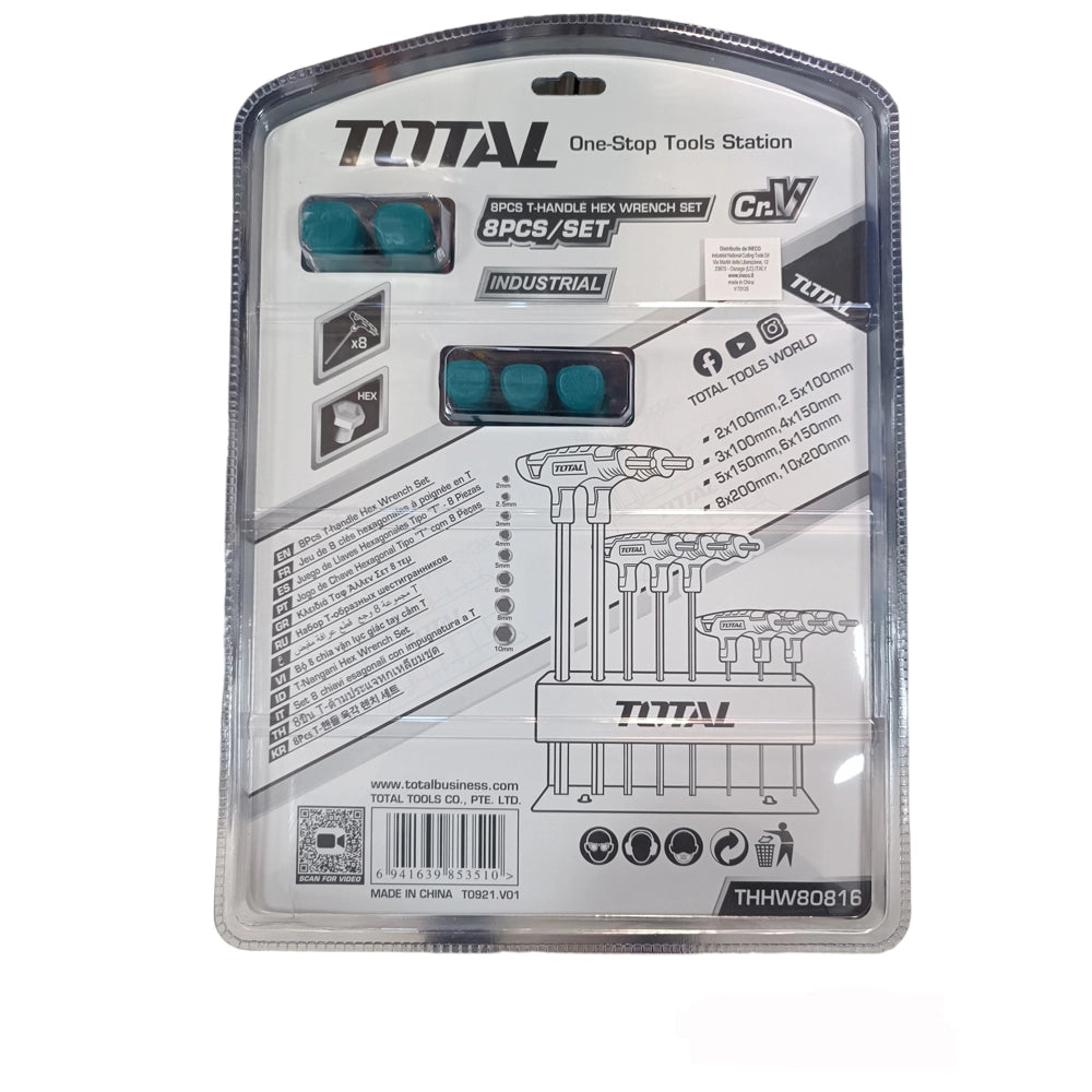 TOTAL SET 8pz CHIAVI ESAGONALI CHIAVE IMPUGNATURA A T 2-10mm CON SUPPORTO TOTTHHW80816
