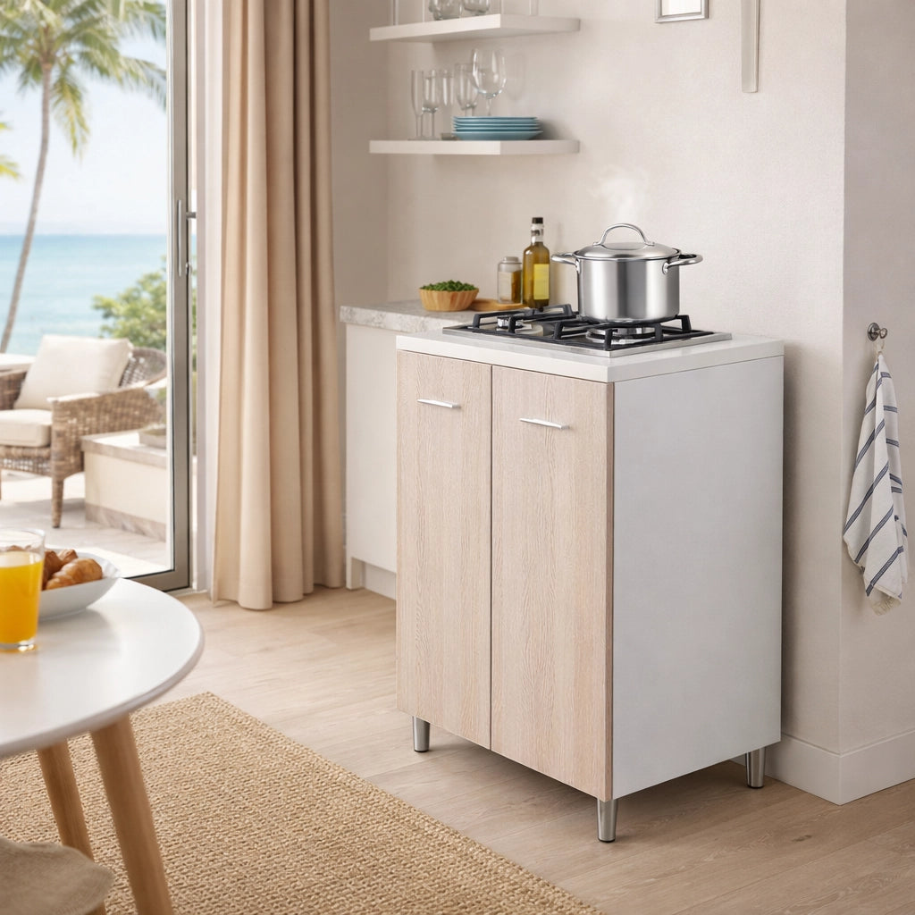 Mobile Mini Cucina 60x40 h85 con Piano Cottura Gas 2 Fuochi Gpl Acciaio Bianco Olmo