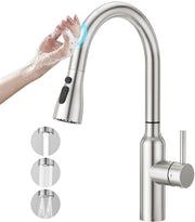 Touch Sensor Rubinetto Cucina con Funzione di Estrazione, Rubinetto Cucina con Doccia Tre Tipi di Getto, Rubinetto a Pressione Alta con Funzione di Miscelazione per Vasca da Bagno, Rotativo 360°, Realizzato in Acciaio Inossidabile, Liscio.