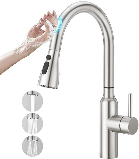 Touch Sensor Rubinetto Cucina con Funzione di Estrazione, Rubinetto Cucina con Doccia Tre Tipi di Getto, Rubinetto a Pressione Alta con Funzione di Miscelazione per Vasca da Bagno, Rotativo 360°, Realizzato in Acciaio Inossidabile, Liscio.
