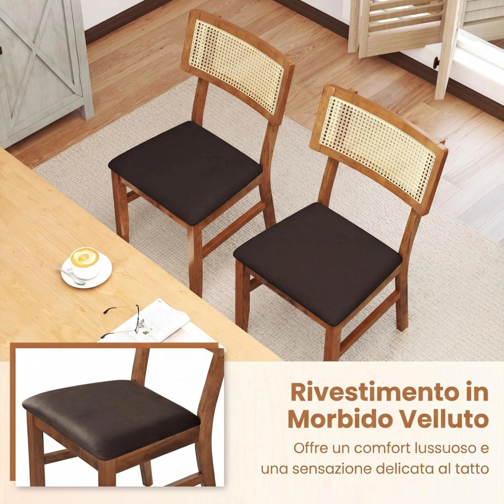 Set di 2 Sedie da Pranzo, Sedie Imbottite con Schienale in Rattan Intrecciato, Struttura in Legno di Hevea, Seduta in Velluto, Portata 180 kg, Sgabello d’Accent Boho per Soggiorno e Cucina