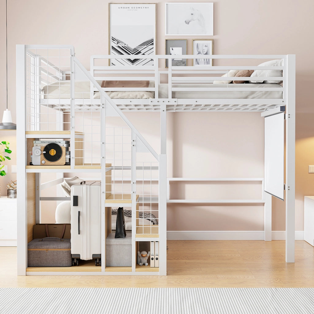 Letto a soppalco in metallo 90x200 cm con scala e spazio contenitore, letto singolo per bambini e ragazzi, bianco