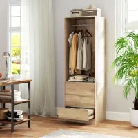 Armadio Guardaroba con Asta Appendiabiti, Ripiano Aperto e 3 Cassetti, in Legno, 60x48.5x185 cm, color Teak