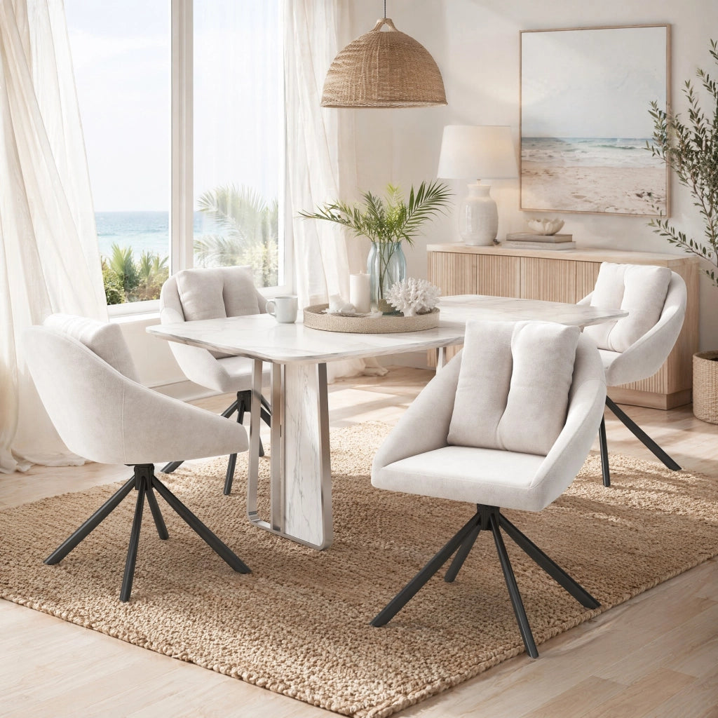 SEDIA GIREVOLE DA PRANZO BEIGE IN VELLUTO E METALLO Set 4 pezzi