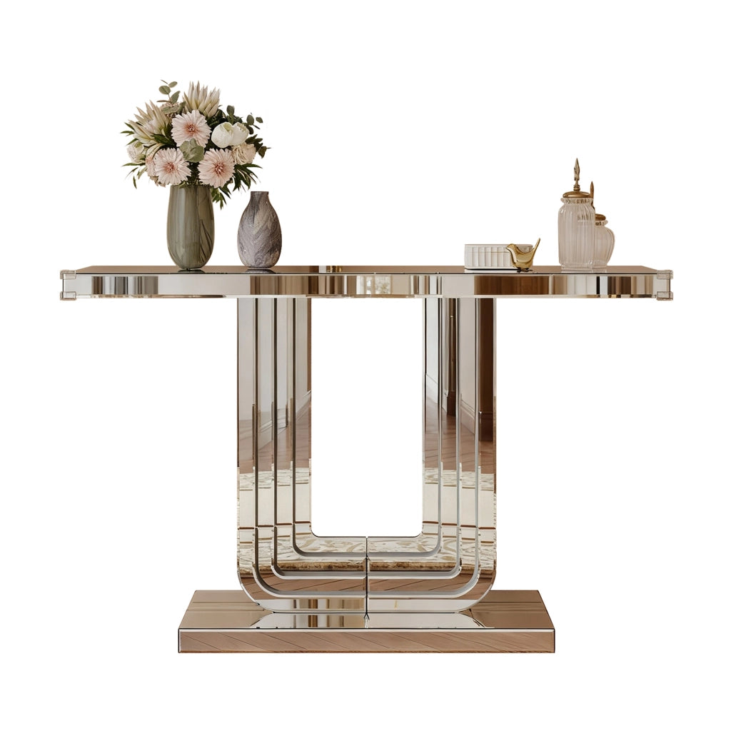 Consolle specchiata con base a U in MDF effetto vetro argentato per ingresso e soggiorno 135 × 40 × 31,5 cm