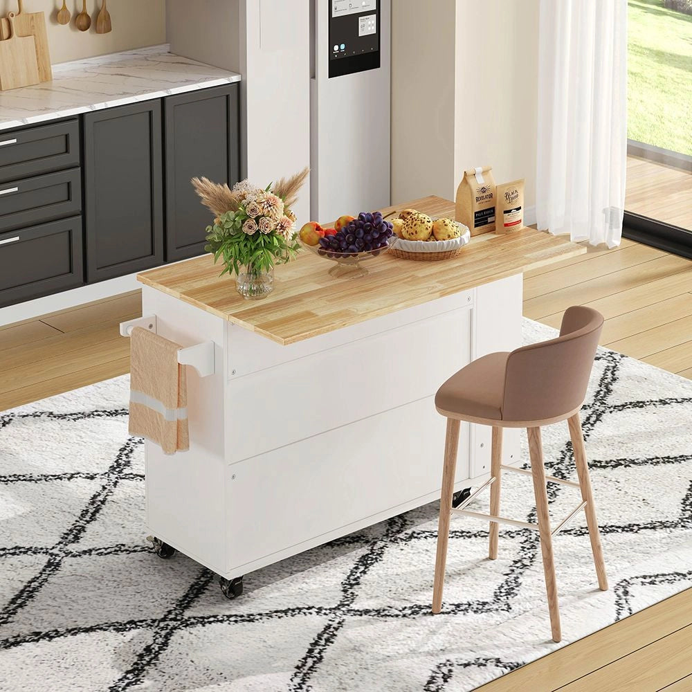Isola da cucina con piano ribaltabile - Xylo - 120 x 45(70) x 89 cm - Bianco - 5 ruote bloccabili, scaffale porta, portabottiglie e portabicchieri