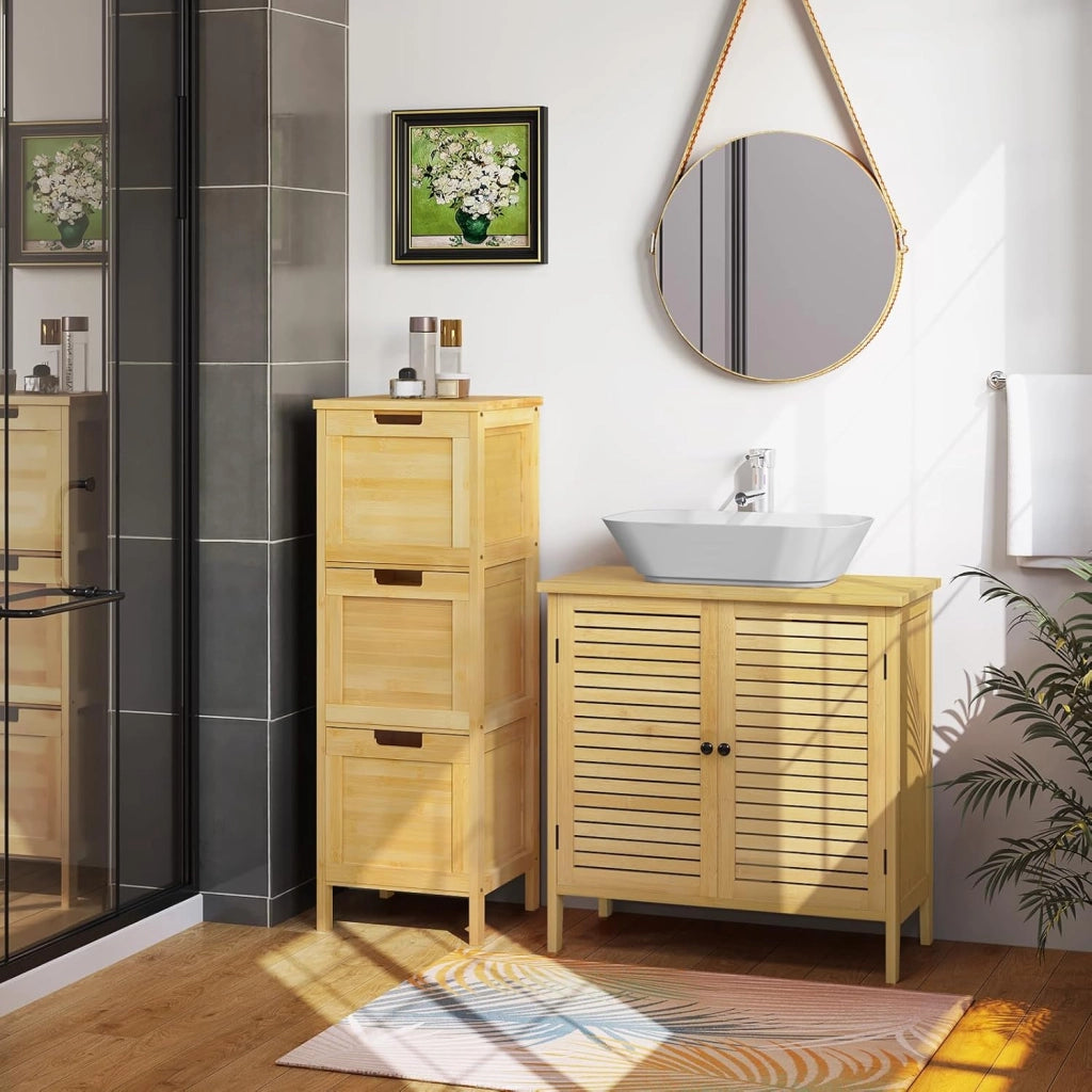 Mobile da Bagno Autoportante, Mobiletto con 3 Cassetti Estraibili, in Bamb, 30x30x90cm, Colore Naturale per Salotto, Camera da Letto, Cucina