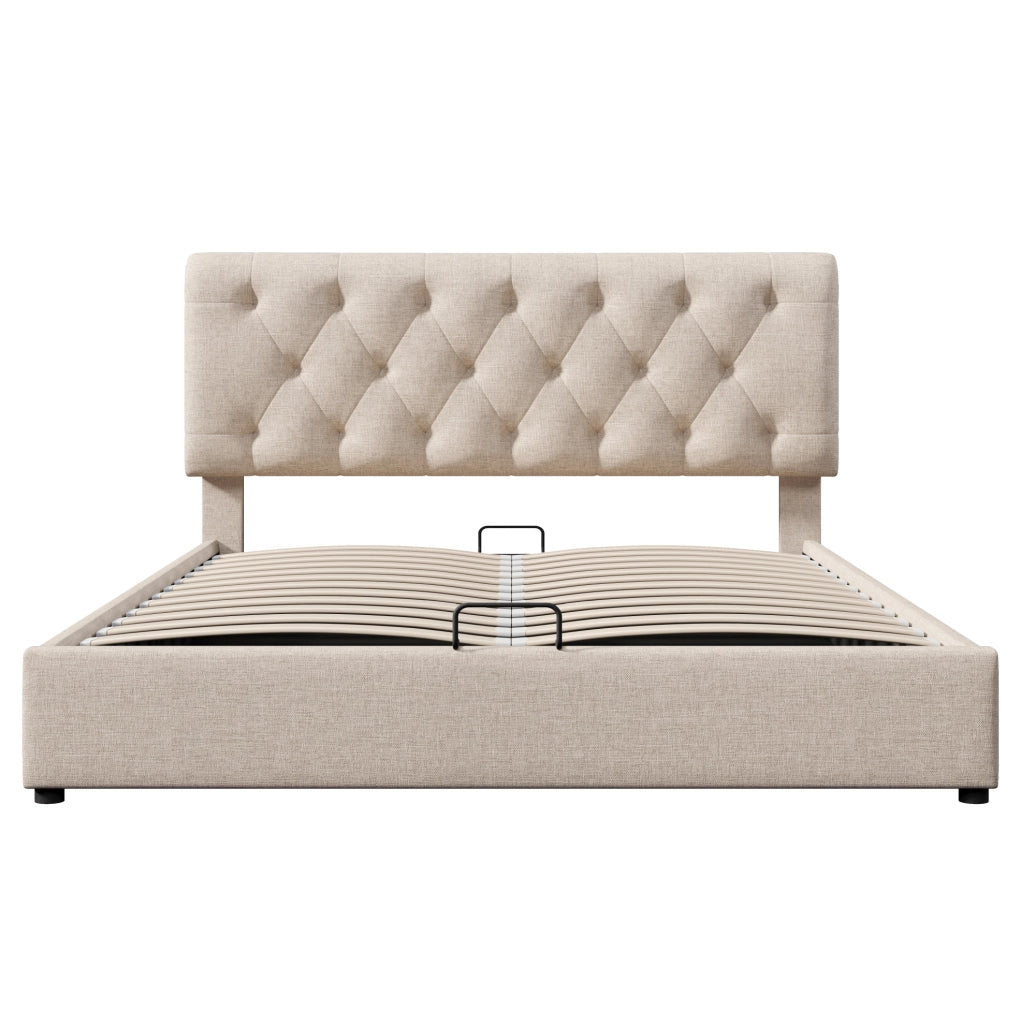 Letto matrimoniale imbottito 160x200 cm con contenitore; testiera regolabile e materasso; naturale