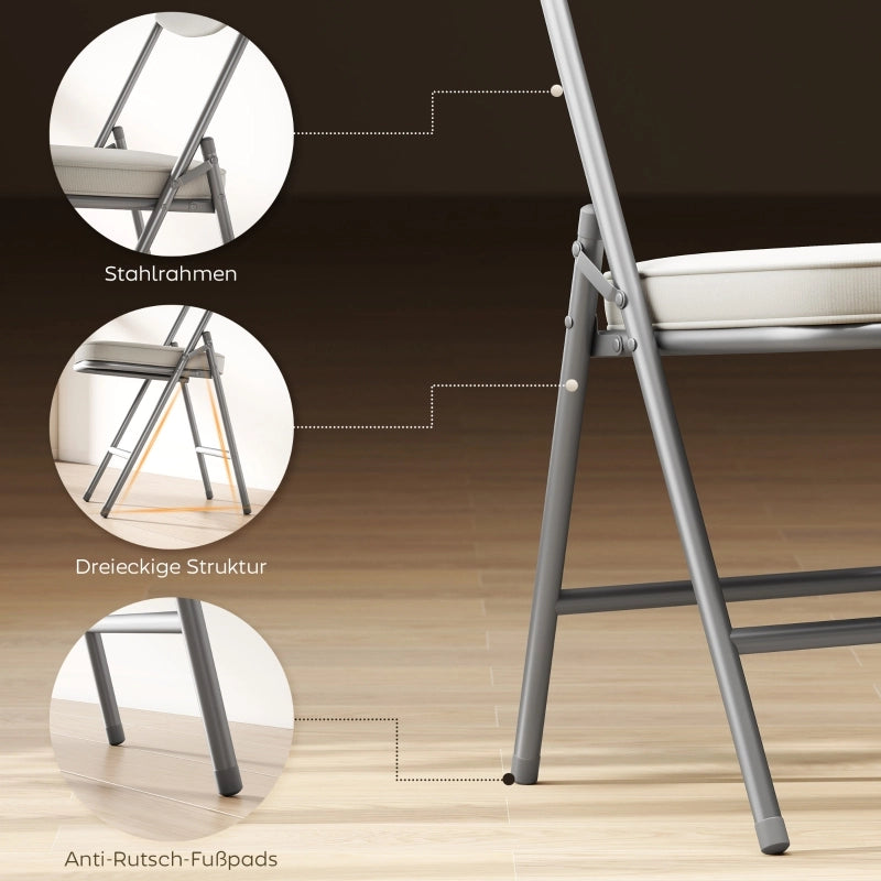 Set 4 sedie pieghevoli imbottite in tessuto effetto corda, struttura in metallo, portata 120 kg, bianco crema