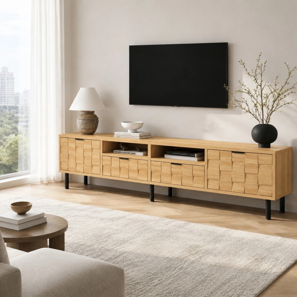 Mobile TV con 2 ante; 2 cassetti e 2 vani aperti per soggiorno in MDF e truciolare naturale 200×35×44.5 cm