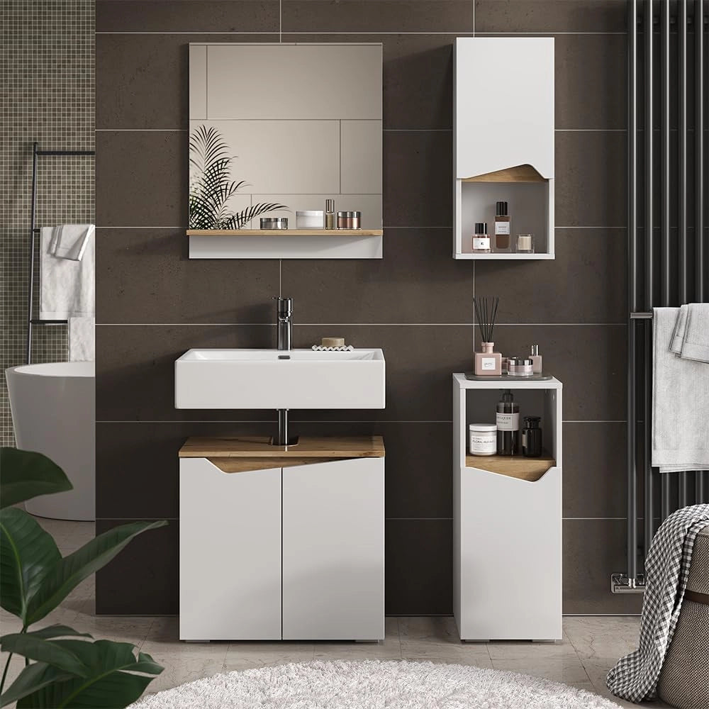 Mobile bagno Marelle, Bianco/Artisan, 30 x 67 cm con porta e scomparto aperto, per montaggio a parete per una conservazione salvaspazio