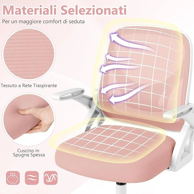 Sedia da Ufficio in Rete, Sedia da Scrivania Ergonomica con Supporto Lombare e Braccioli Ribaltabili, Sedia da Lavoro Girevole, con Ruote Regolabile in Altezza, Portata 150 kg