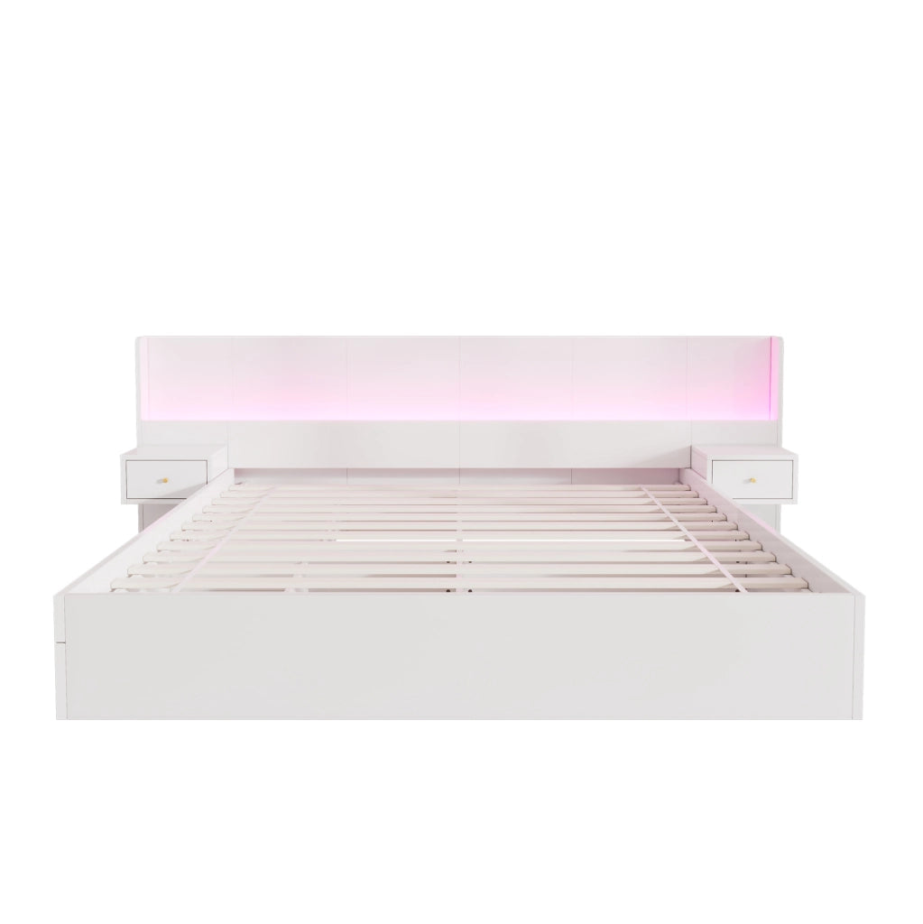 Letto matrimoniale 180x200 cm in MDF bianco con USB; LED APP; 2 comodini e cassetti