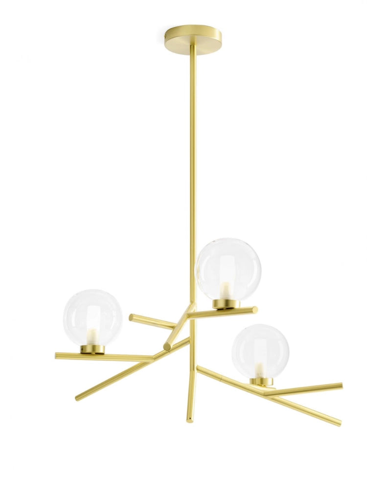 CAMELY SOSPENSIONE 3 LUCI ORO SPAZZOLATO ATTACCO G9 D.12CM IN VETRO TRASPARENTE