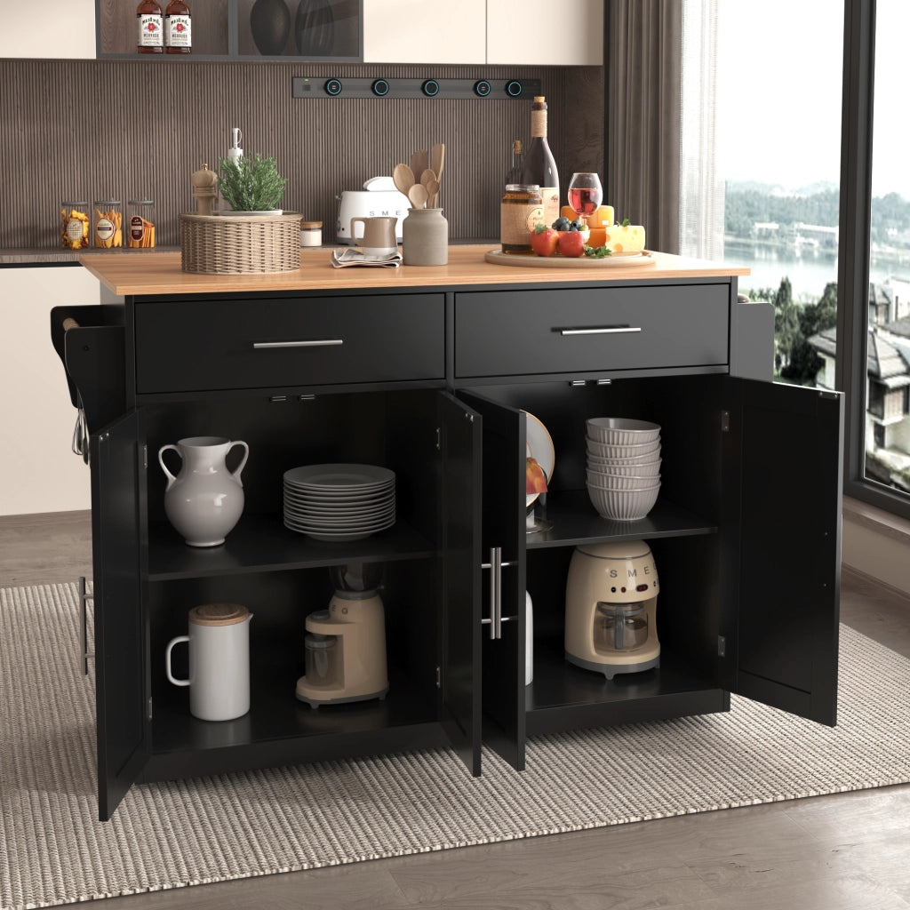 Carrello da Cucina con 2 Cassetti; 4 Ante; Piano Ribaltabile; Ruote e Portasciugamani; Nero 120x46x91;5 cm