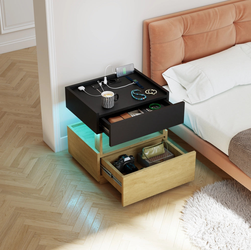Comodino con ricarica wireless; USB; LED regolabile; 2 cassetti; 50 x 40 x 50 cm; nero e naturale
