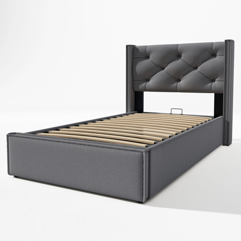 Letto singolo imbottito 90x200 cm con contenitore; sollevamento idraulico; grigio