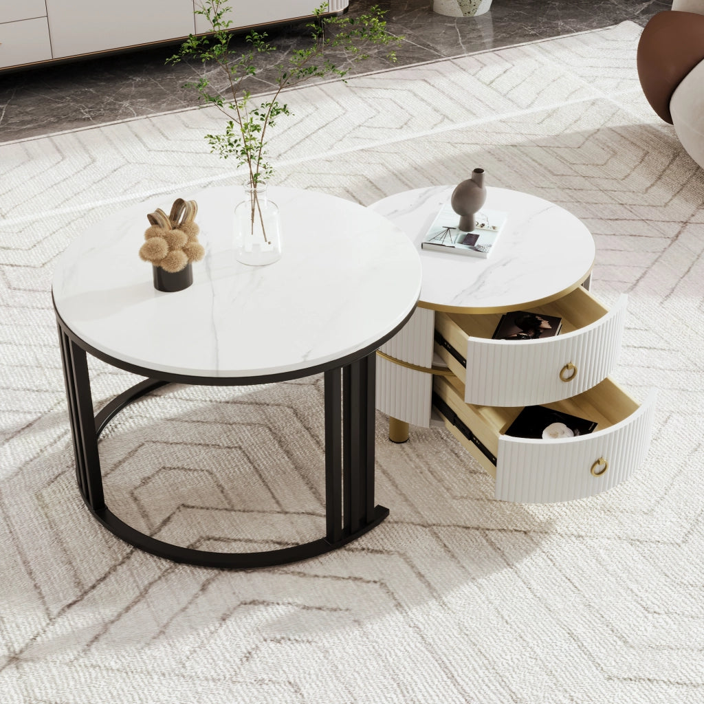 Tavolino da Caff¨¨ Rotondo MDF Set 2 Pezzi con Cassetti ¨C MINIMAL ¨C Bianco Marmo, 70x70x46 + 50x50x40 cm