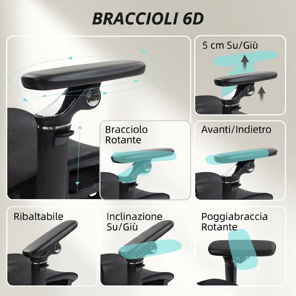 Sedia da Ufficio Ergonomica con Braccioli Poggiatesta Schienale Regolabili Funzione Dondolo in Rete Nero