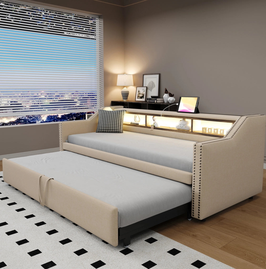 Divano letto estraibile imbottito 90/180x190 cm con USB, LED e vani laterali
