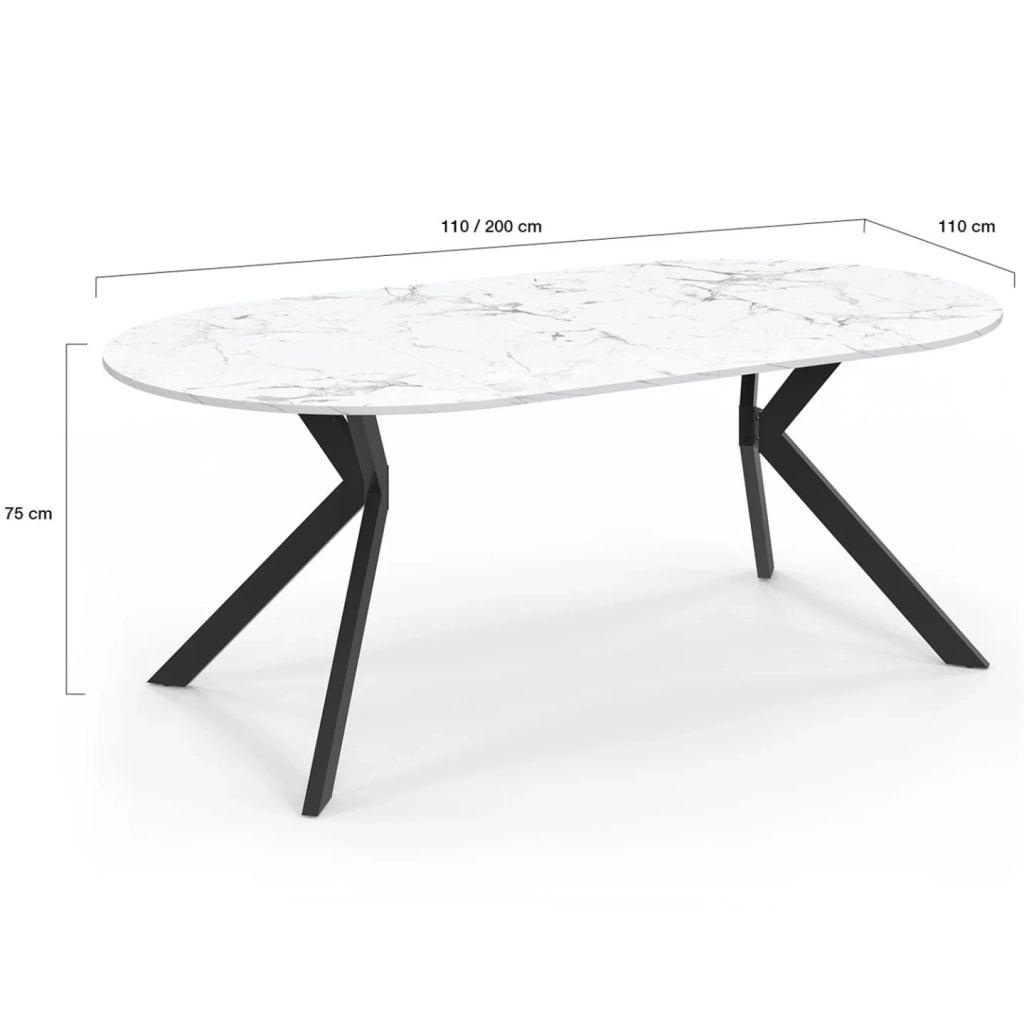 IDMarket - ALIX tavolo da pranzo rotondo allungabile 4-10 persone gamba a ragno nera piano effetto marmo bianco ALASKA 110 - 200 cm