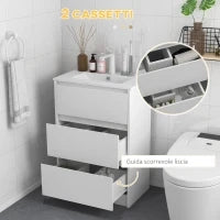 kleankin Mobiletto Bagno a 2 Cassetti in Truciolato con Lavabo in Ceramica Sintetica, 61x37x88 cm, Bianco