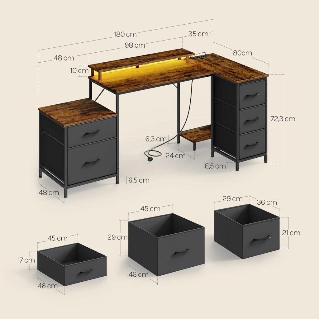 Scrivania Angolare 180x80x84 cm con 5 Cassetti e 2 Ripiani, Scrivania per Computer a L con LED, 2 Prese, 1 Porta USB e 1 Porta Type-C, per Ufficio, Gioco, Studio, Marrone Rustico