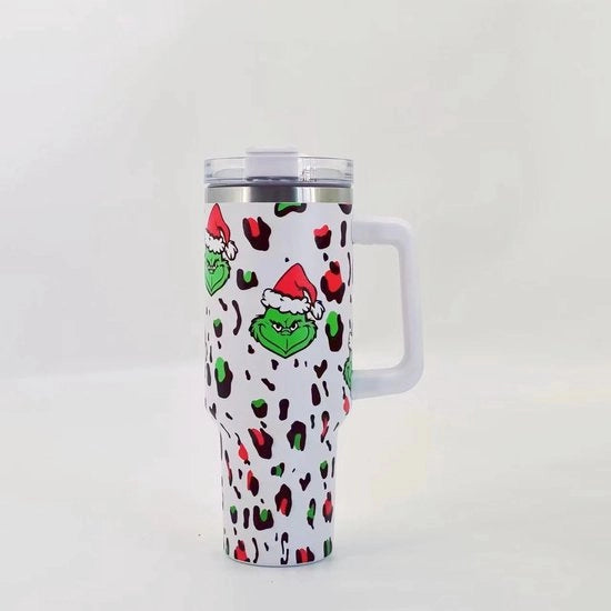Bottiglia da Viaggio con Stampato di Leopardo Bianco - Il Grinch - 1200ML - Biberon per Auto - In Acciaio Inossidabile - Prestazioni di Isolamento 6-12 ore