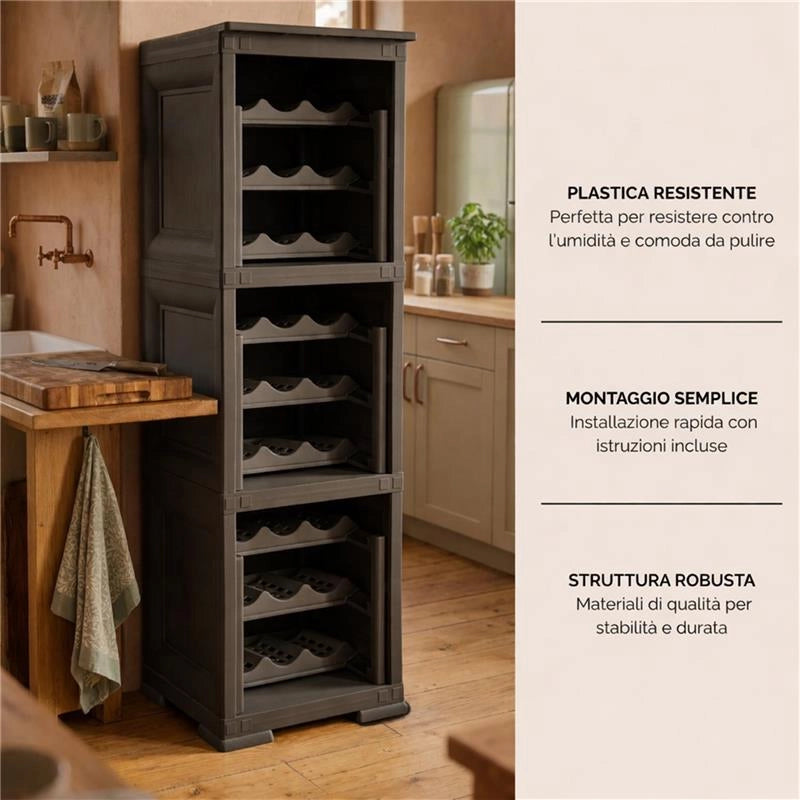 SCAFFALE PORTABOTTIGLIE 27 BOTTIGLIE WENGÉ 40X42,5X125 CM – CANTINETTA A VISTA 3 MODULI PER CUCINA E ZONA PRANZO