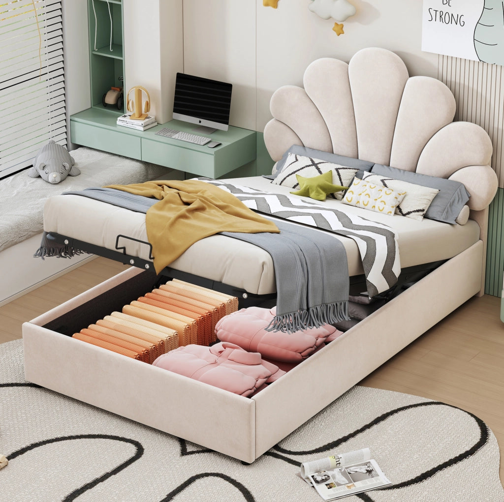 Letto singolo imbottito 90x200 cm beige con vano contenitore