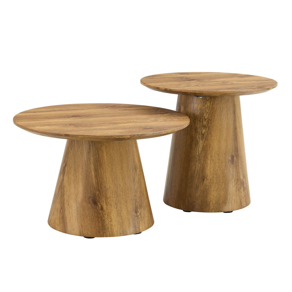 Tavolini bassi rotondi set da 2 con base stabile e finitura effetto legno, per soggiorno, in MDF, color legno